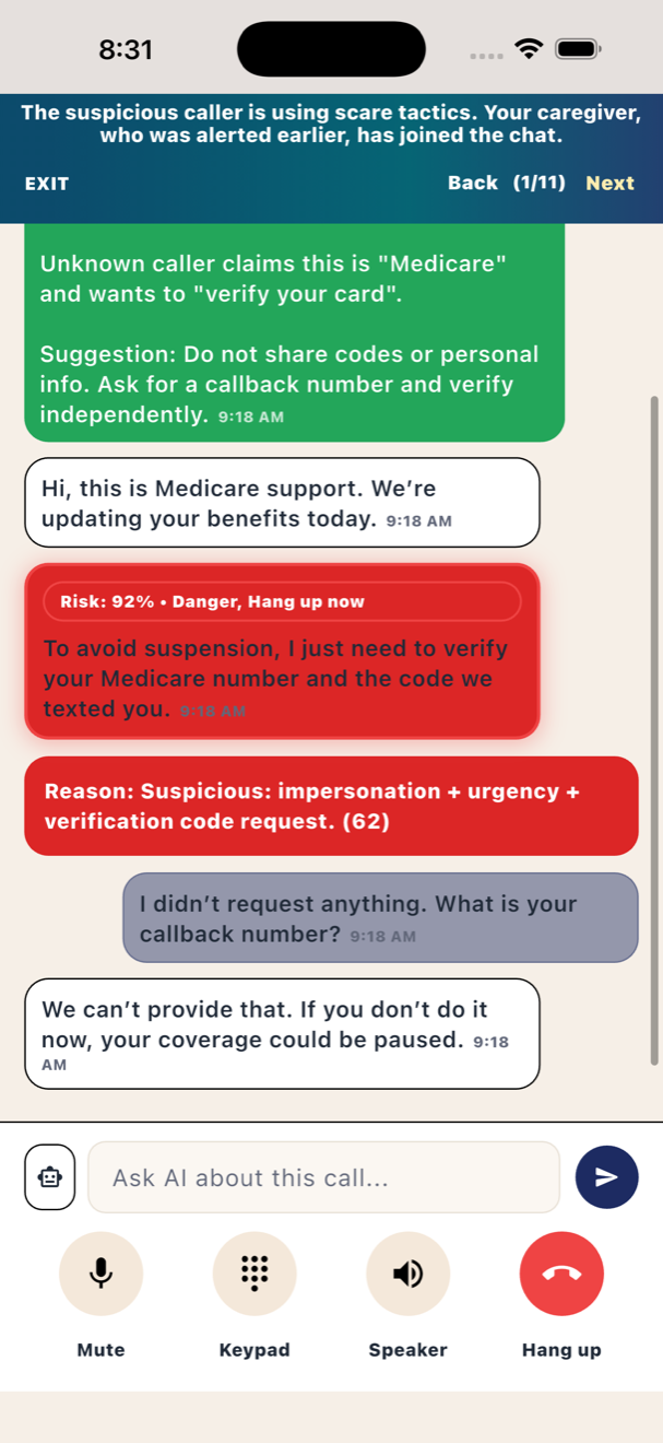 Boontel showing a high-risk warning during a suspicious Medicare impersonation call