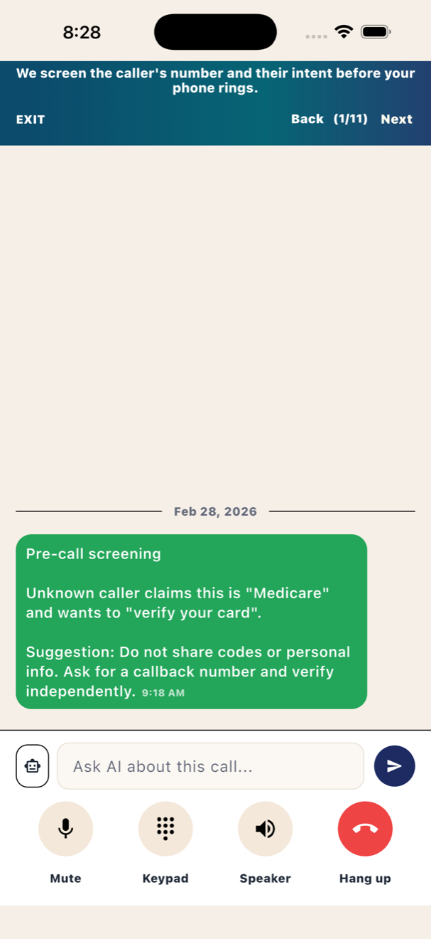 Boontel pre-call screening summary for an unknown caller claiming to be Medicare