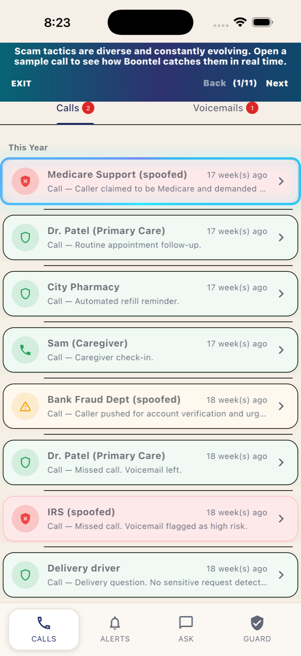 Boontel call history showing routine and suspicious calls